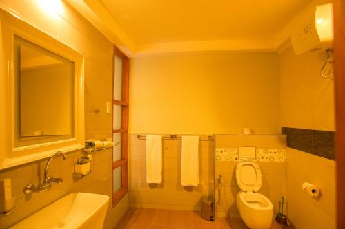 Łazienka z białą toaletą i umywalką w obiekcie Amani Safari Lodge and Restaurant w mieście Arusza