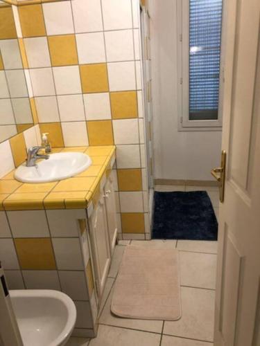 une salle de bain avec un lavabo, des toilettes et une douche dans l'établissement Appartement Centre Ville Saint-Raphaël, à Saint-Raphaël