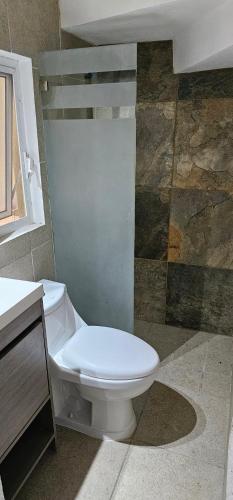 La salle de bains est pourvue de toilettes et d'un mur en pierre. dans l'établissement Privanza, à Guadalajara