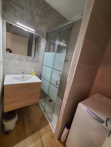 une salle de bain avec une douche, des toilettes et un lavabo dans l'établissement Le Salvador - maisonnette pour 4, à Sigean