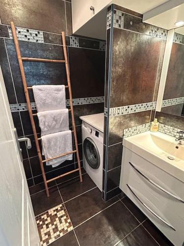 une salle de bain avec une machine à laver et un lavabo dans l'établissement Maisonnette climatisée à 10 m de la plage de la péguière, à Saint-Raphaël