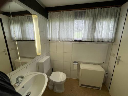 a bathroom with a sink and a toilet and a mirror at Ferienwohnung Zirbelweg in Siegsdorf