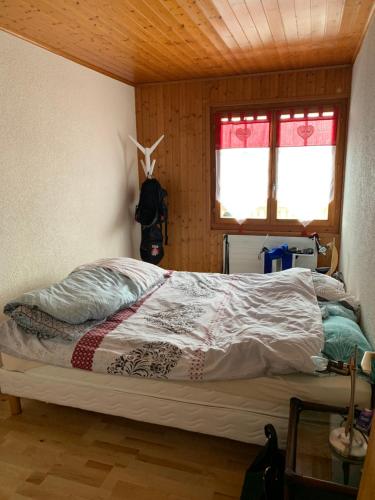 een slaapkamer met een bed in een kamer bij Les Œillets, Les portes du Soleil in Champoussin