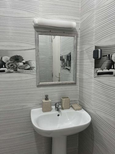 La salle de bains est pourvue d'un lavabo blanc et d'un miroir. dans l'établissement Sublimes T2 à 2 min à pied de l'aéroport, à Pamandzi