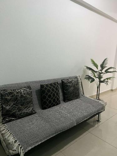 un sofá con 4 almohadas y una planta en una habitación en Sublimes T2 à 2 min à pied de l'aéroport en Pamandzi