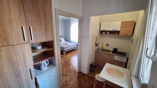 a small room with a small kitchen and a bedroom at Apartment Nataly in Vračar (historical)