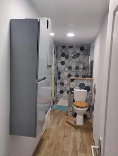 une petite salle de bain avec toilettes et douche dans l'établissement La ferme de kervoas, à Lézardrieux