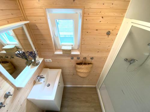 een kleine badkamer met een wastafel en een douche bij Hausboot - Yara in Heiligenhafen