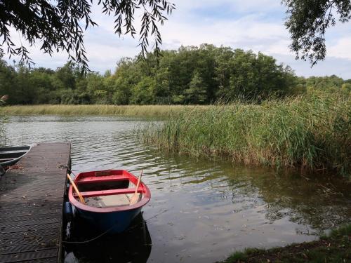 a small boat sitting on the water next to a dock at Apartment Am Pälitzsee-1 by Interhome in Strasen