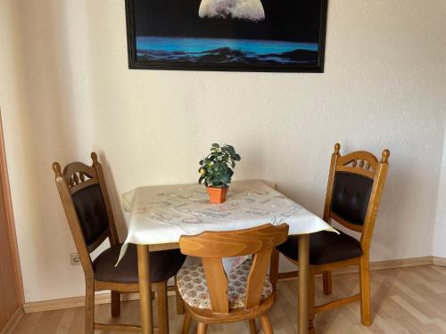 una mesa con cuatro sillas y una maceta en ella en Apartment Old Hüsung by Interhome, en Mirow