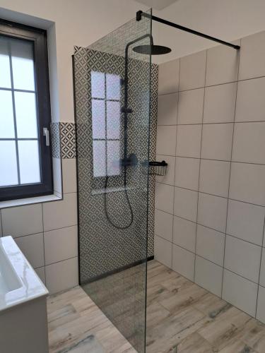 eine Dusche mit Glastür im Bad in der Unterkunft Honey House in Gęsiniec