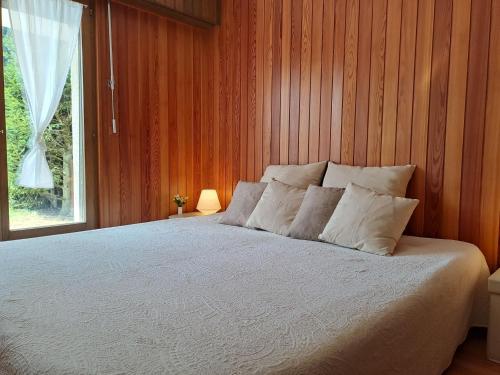 シャンペクスにあるApartment Breya 2 by Interhomeのベッドルーム1室(木製の壁と窓のあるベッド1台付)