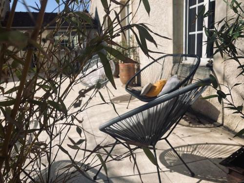 a chair with a hot dog in it next to a plant at 38BIS Location nuit / week-end / vacances in Chaignay