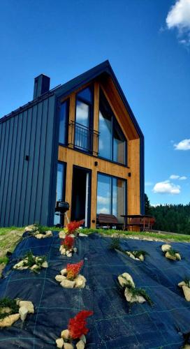 a house with a lot of windows and flowers in front of it at Bocheniówka in Nowy Targ