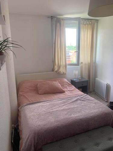 - une chambre avec un lit doté d'une couverture rose et d'une fenêtre dans l'établissement Au dessus des toits - Hypercentre - Metro - Gare, à Toulouse