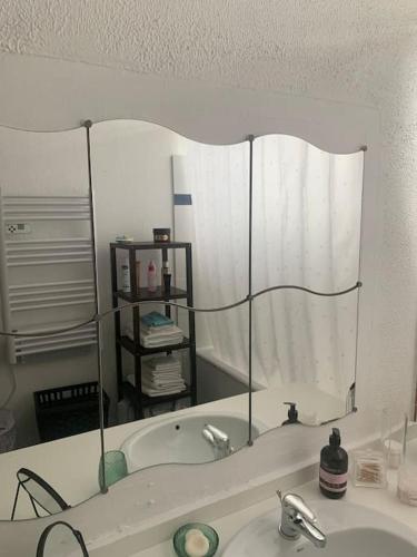 La salle de bains est pourvue d'un miroir, d'un lavabo et d'une baignoire. dans l'établissement Au dessus des toits - Hypercentre - Metro - Gare, à Toulouse