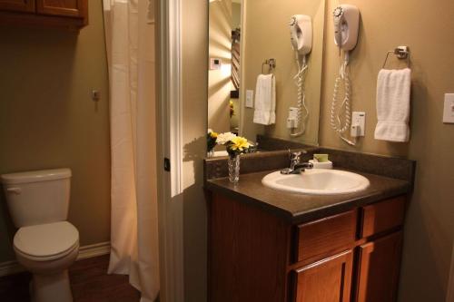 a bathroom with a sink and a toilet and a phone at Eagle's Den Suites Big Spring a Travelodge by Wyndham in Big Spring