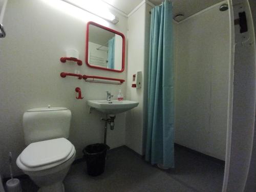 W łazience znajduje się toaleta, umywalka i lustro. w obiekcie Hallingskarvet Fjellstue as w mieście Hovet