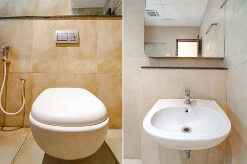 two pictures of a bathroom with a toilet and a sink at FabHotel Karpagam - 900m from Nehru Stadium in Coimbatore