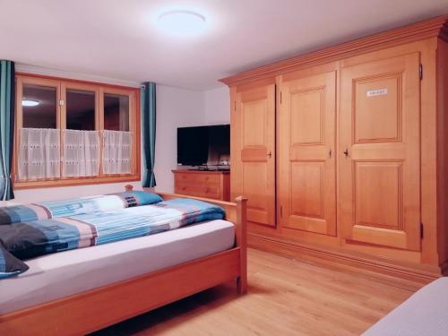 1 dormitorio con 1 cama y TV en Energy Lodge en Kandersteg