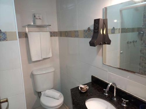 a bathroom with a toilet and a sink and a mirror at Casarão da Ducha Hotel in Campos do Jordão