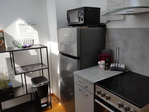a kitchen with a stainless steel refrigerator and a microwave at City011 in Belgrade