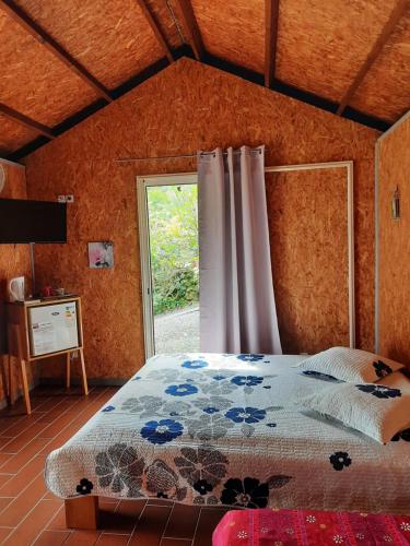 1 dormitorio con 1 cama y ventana en una habitación en Ferme auberge le Ti'planteur en Saint-Philippe