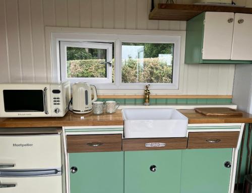 a kitchen with a sink and a microwave at Ted's Shed in Bishop Auckland