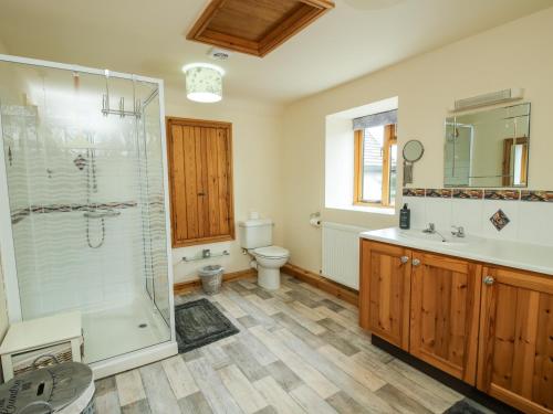 a bathroom with a shower and a sink and a toilet at Rowan Cottage in Shrewsbury