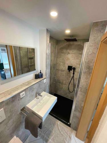a bathroom with a sink and a shower at Auszeit am Gehrenberg in Markdorf