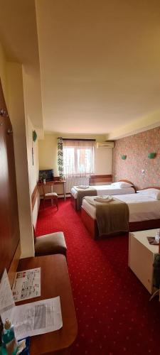 a hotel room with two beds and a couch at Hotel Olimp in Cluj-Napoca