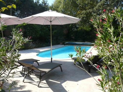 un parasol et deux chaises à côté de la piscine dans l'établissement Le Manoir des Tuileries, à Rouffilhac