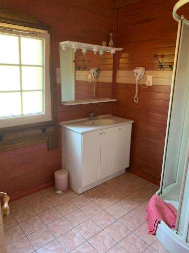 La salle de bains est pourvue d'un lavabo et d'un miroir. dans l'établissement Moulin d’Eysus - Le Moulin, à Eysus