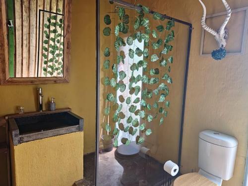 a bathroom with a toilet and a shower curtain at Vulture's View 3 in Hartbeespoort