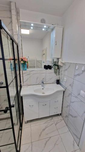 uma casa de banho branca com um lavatório e um espelho em BTP House em Hunedoara