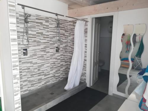 uma casa de banho com chuveiro e cortina de chuveiro em Villa Assunta con piscina em Benevento