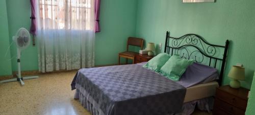 um quarto com uma cama com paredes verdes e uma ventoinha em Trandelu em Daimuz
