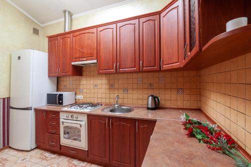 リヴィウにあるAlfa Apartments Ohiienka 17 2のキッチン(木製キャビネット、シンク、冷蔵庫付)