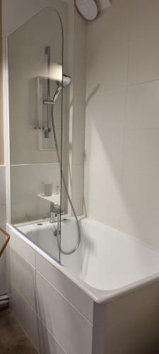 La salle de bains blanche est pourvue d'une douche et d'une baignoire. dans l'établissement Studio Roy Gradlon Quimper, à Quimper