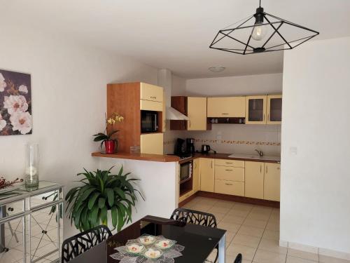 une cuisine avec une table et une salle à manger dans l'établissement appartement au calme, à Vannes