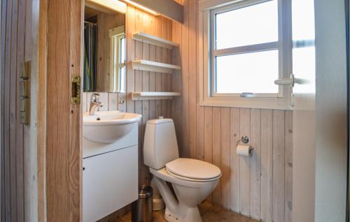 baño con aseo y lavabo y ventana en Awesome Home In Blokhus With Wifi, en Blokhus