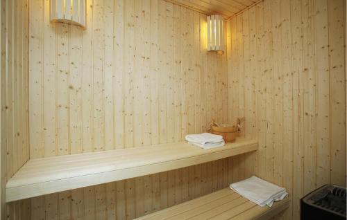 RødhusにあるAmazing Home In Pandrup With 7 Bedrooms, Sauna And Indoor Swimming Poolの木製の棚にタオル2枚を用意したサウナ