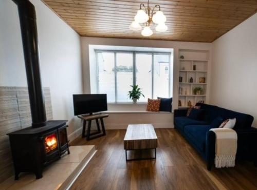 - un salon avec un canapé bleu et une cheminée dans l'établissement 4 Connaught Street Birr, à Birr