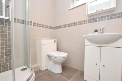 a bathroom with a white toilet and a sink at Extensive 4 bed close to Peterborough in Ramsey