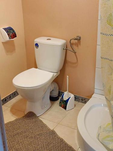 łazienka z białą toaletą i wanną w obiekcie DOMEK LETNISKOWY PRZY GÓRACH MAJOWYCH w mieście Goniadz