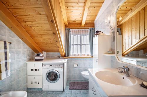 ein Badezimmer mit einer Waschmaschine und einem Waschbecken in der Unterkunft Adults Only Wasserfall Hegedex in Pfunders