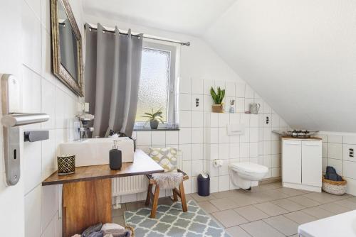 een badkamer met een wastafel en een toilet bij Künzes Domizil in Edemissen