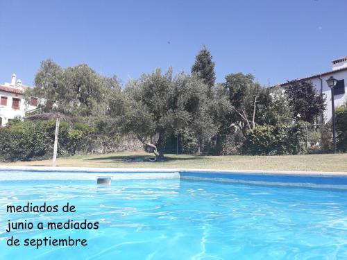 uma piscina com água azul e árvores ao fundo em Piso Blanco em Ronda