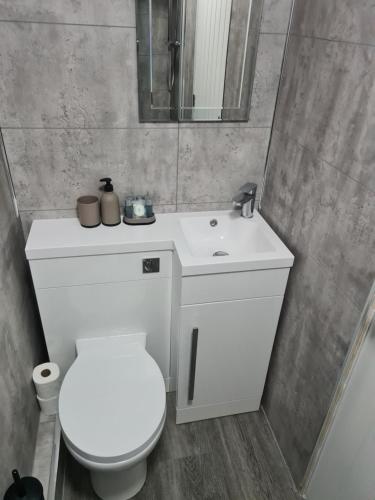 a bathroom with a white toilet and a sink at Homestay by BIC Legends 2 in Batley Carr