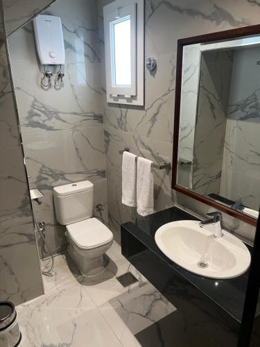 a bathroom with a toilet and a sink and a mirror at مخصص للعوائل فقط Four Elements in Cairo